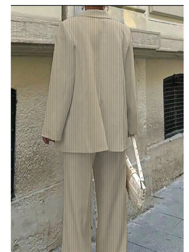3pcs Women Spring/Summer Casual/Office Wear Striped Jacket, Vest And Pants Set