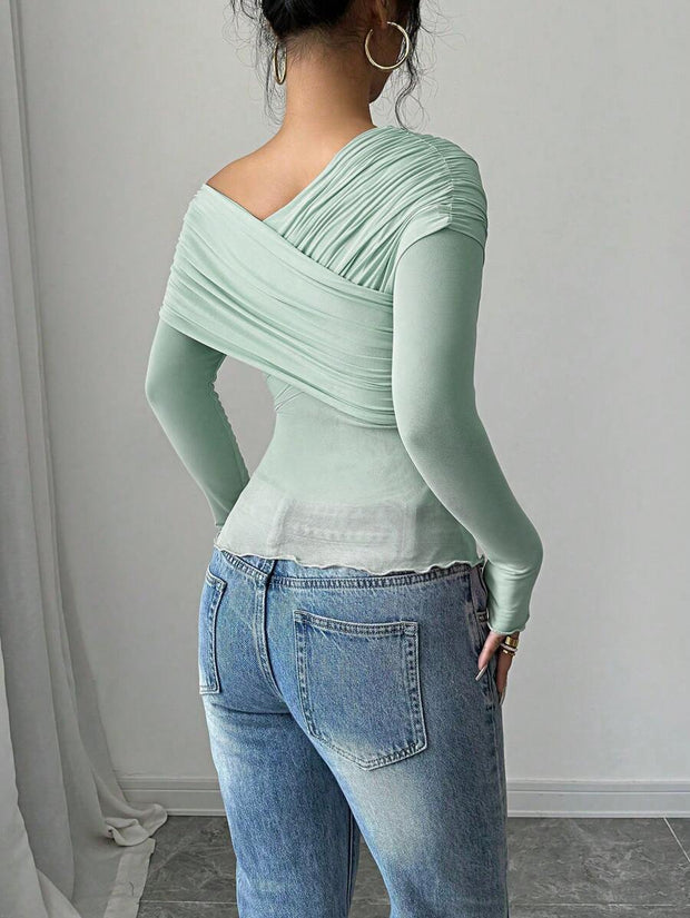 Rafferiza Women's Solid Color Open Shoulder Long Sleeve Casual Top, Everyday Wear