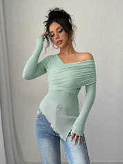 Rafferiza Women's Solid Color Open Shoulder Long Sleeve Casual Top, Everyday Wear