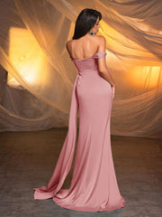 Glamrae Elegant Rhinestone Flower Neckline Side Slit Fishtail Maxi Formal Dress