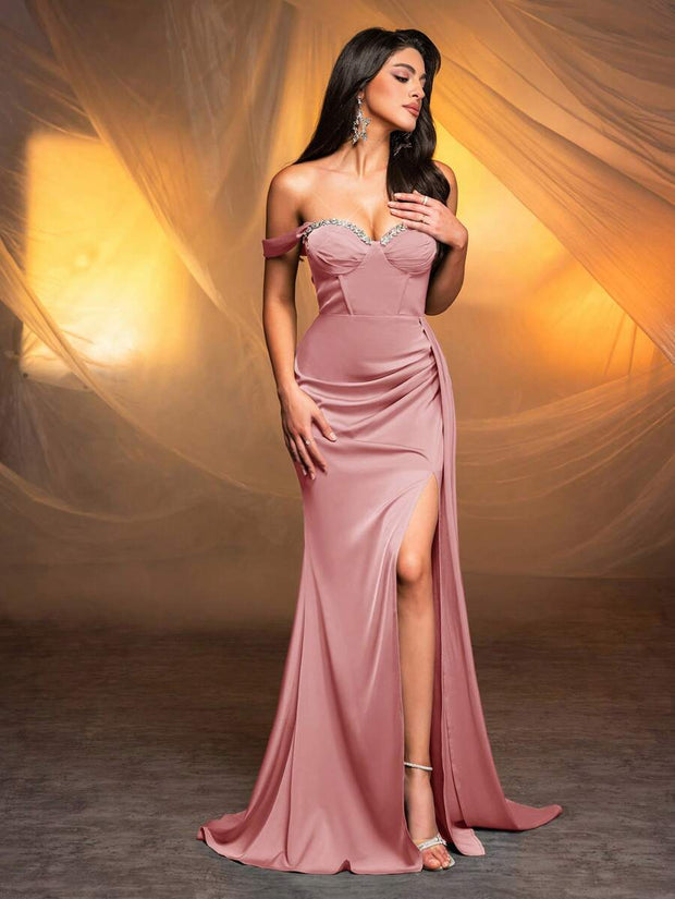 Glamrae Elegant Rhinestone Flower Neckline Side Slit Fishtail Maxi Formal Dress