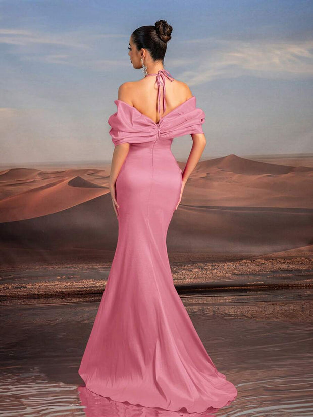 Glamrae Elegant Necklace Chain, Exaggerated Bow, Off-Shoulder, High-Waist, Floor-Length Fishtail Formal Dress