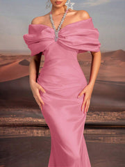 Glamrae Elegant Necklace Chain, Exaggerated Bow, Off-Shoulder, High-Waist, Floor-Length Fishtail Formal Dress