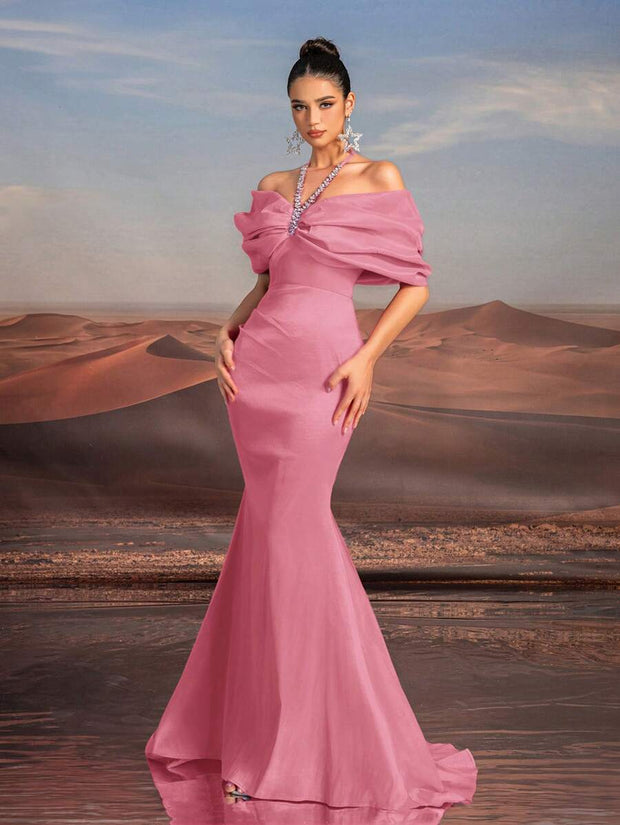 Glamrae Elegant Necklace Chain, Exaggerated Bow, Off-Shoulder, High-Waist, Floor-Length Fishtail Formal Dress