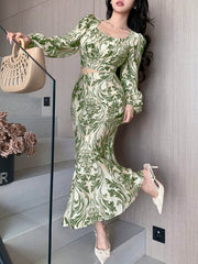 DAZY 2pcs/Set Women Allover Floral Print Puff Sleeve Cropped Shirt & Fish Tail Skirt