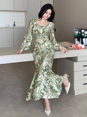 DAZY 2pcs/Set Women Allover Floral Print Puff Sleeve Cropped Shirt & Fish Tail Skirt