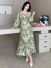 DAZY 2pcs/Set Women Allover Floral Print Puff Sleeve Cropped Shirt & Fish Tail Skirt