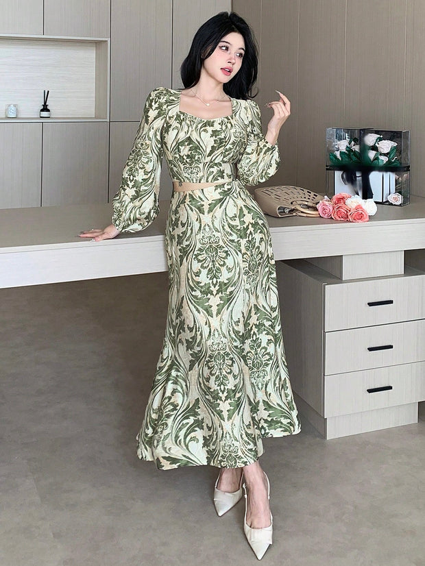 DAZY 2pcs/Set Women Allover Floral Print Puff Sleeve Cropped Shirt & Fish Tail Skirt