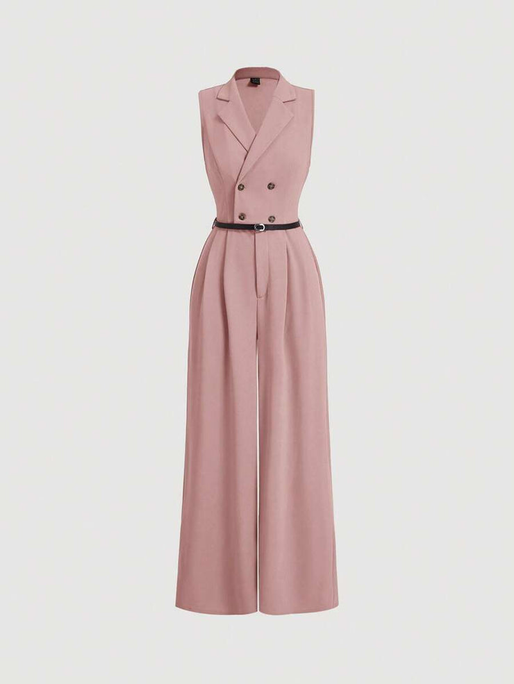 Elegant Lapel Neck Waist Wide Leg Jumpsuit, Casual Daily Women