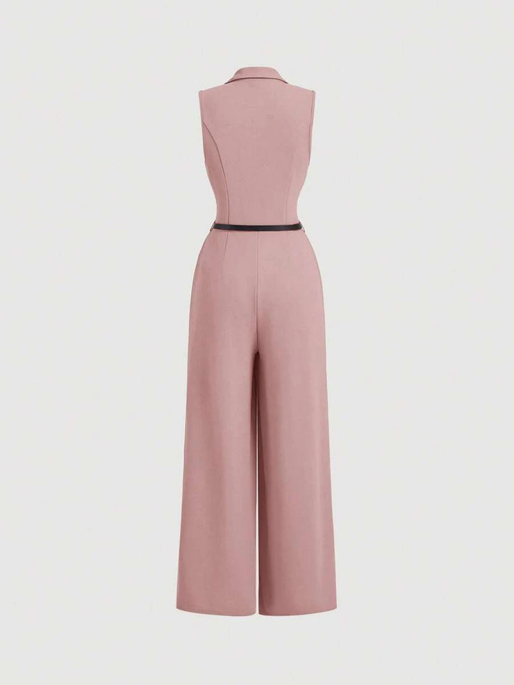 Elegant Lapel Neck Waist Wide Leg Jumpsuit, Casual Daily Women