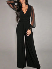 Women's Elegant Deep V-Neck Long Sleeve Mesh Patchwork Jumpsuit