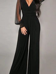 Women's Elegant Deep V-Neck Long Sleeve Mesh Patchwork Jumpsuit