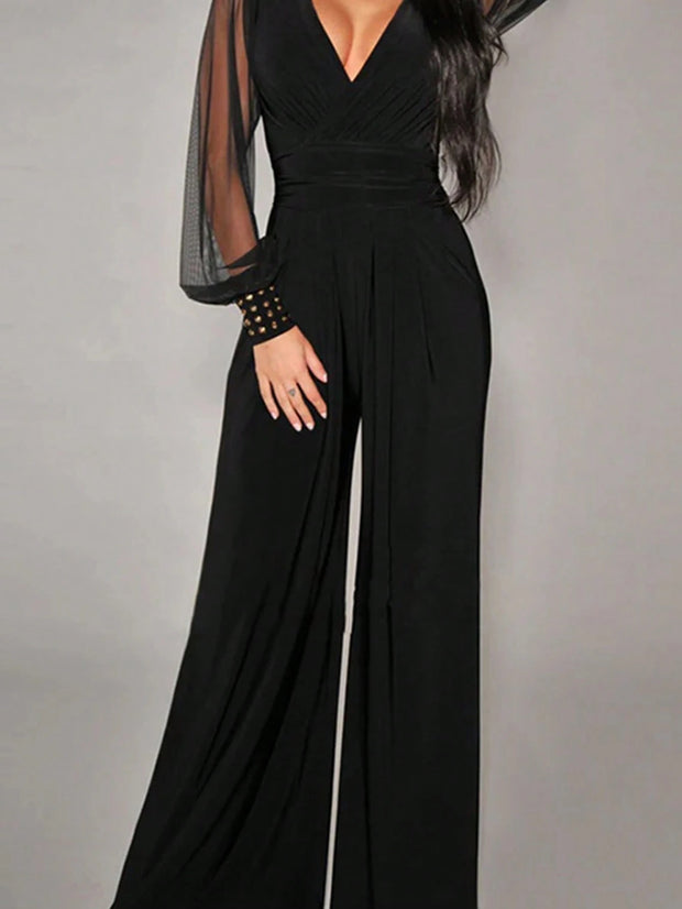 Women's Elegant Deep V-Neck Long Sleeve Mesh Patchwork Jumpsuit