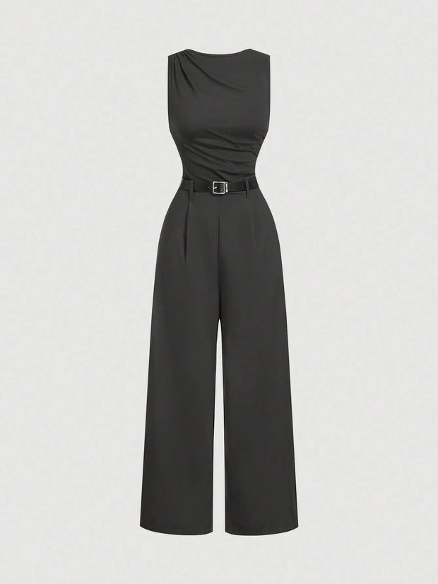 SHEIN MOD 1pc Women Pleated Jumpsuit With Belt, Casual Style
