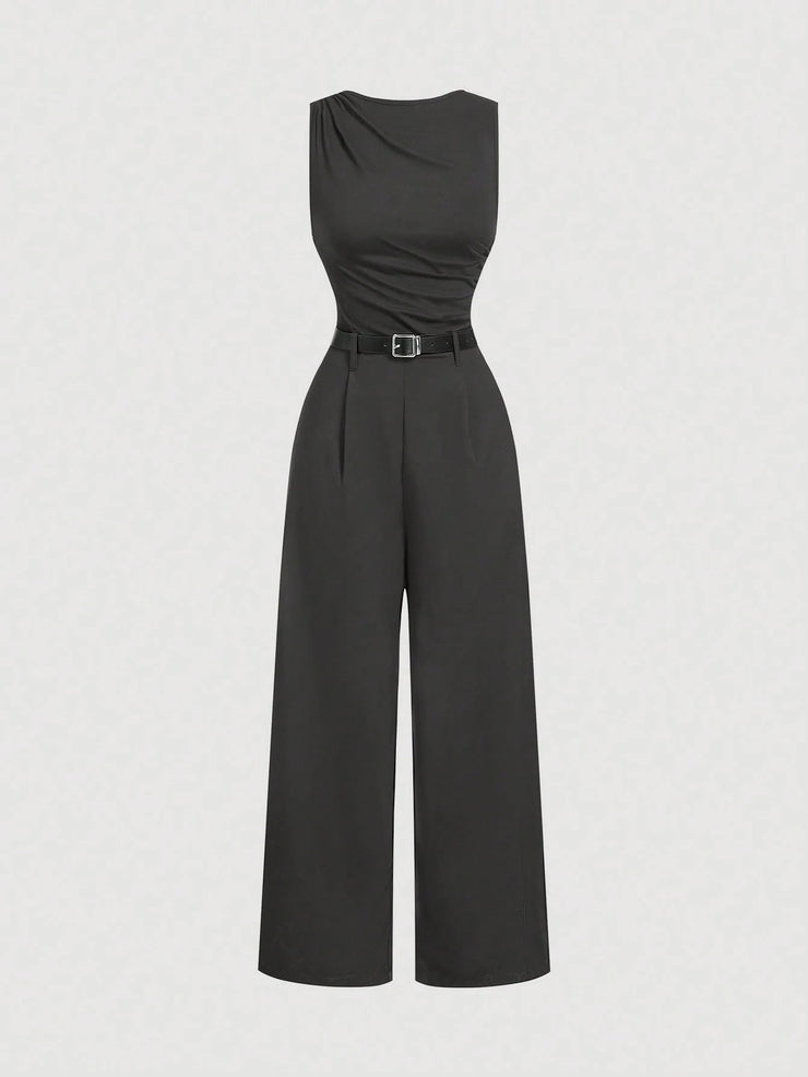 SHEIN MOD 1pc Women Pleated Jumpsuit With Belt, Casual Style