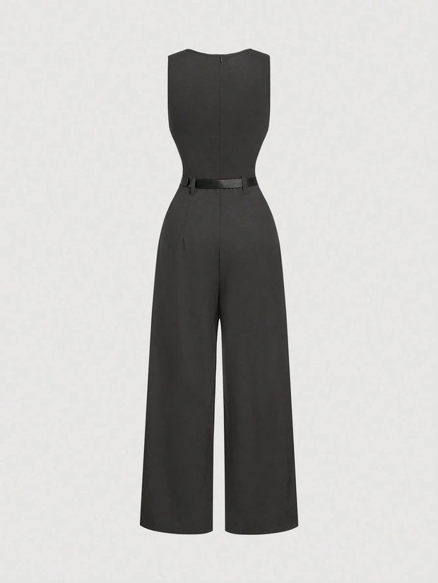 SHEIN MOD 1pc Women Pleated Jumpsuit With Belt, Casual Style