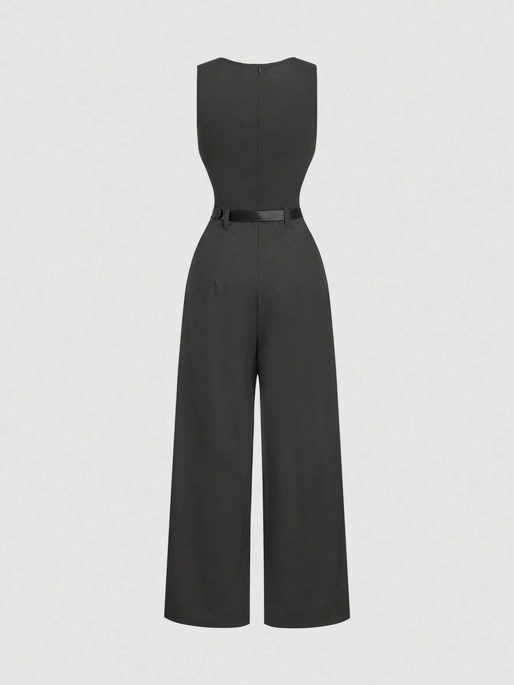 SHEIN MOD 1pc Women Pleated Jumpsuit With Belt, Casual Style