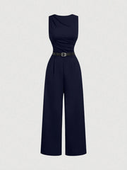 SHEIN MOD 1pc Women Pleated Jumpsuit With Belt, Casual Style