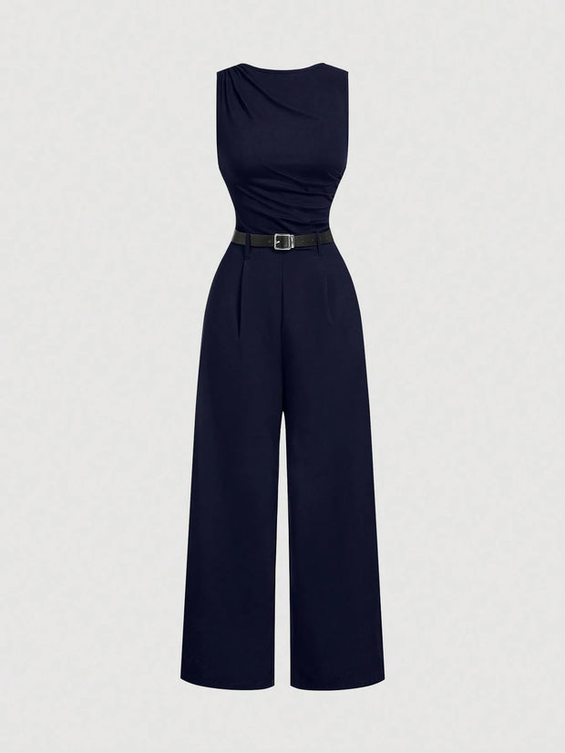 SHEIN MOD 1pc Women Pleated Jumpsuit With Belt, Casual Style