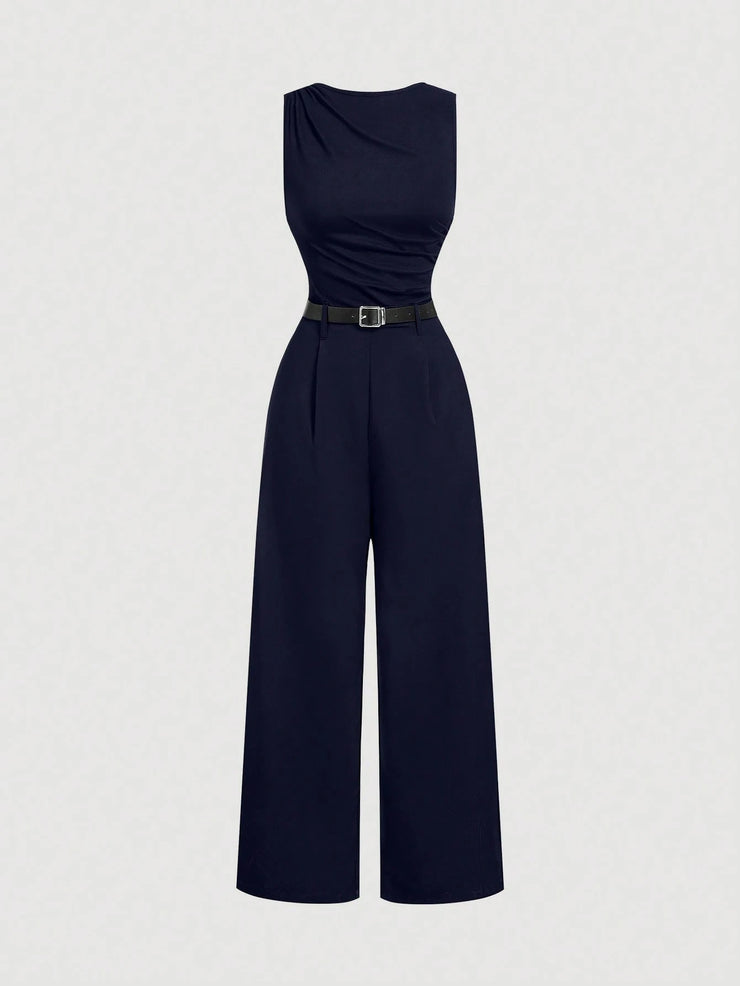 SHEIN MOD 1pc Women Pleated Jumpsuit With Belt, Casual Style