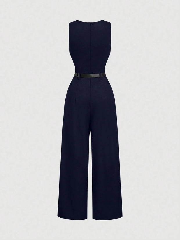 SHEIN MOD 1pc Women Pleated Jumpsuit With Belt, Casual Style