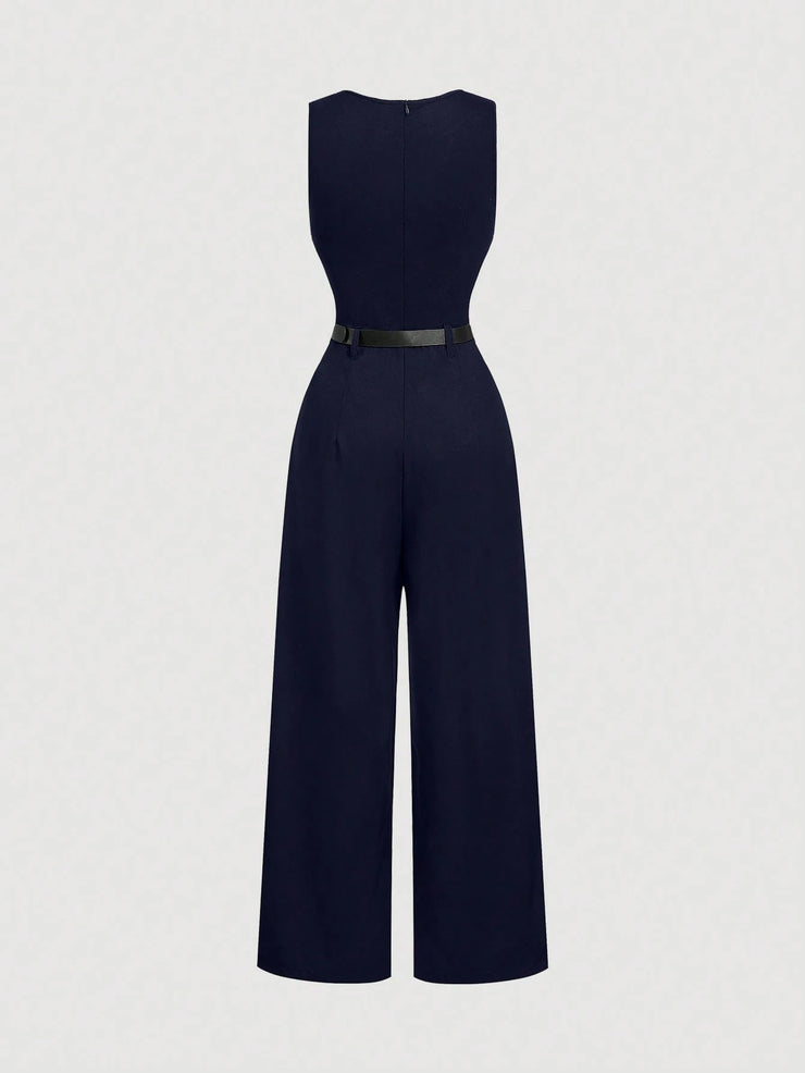 SHEIN MOD 1pc Women Pleated Jumpsuit With Belt, Casual Style