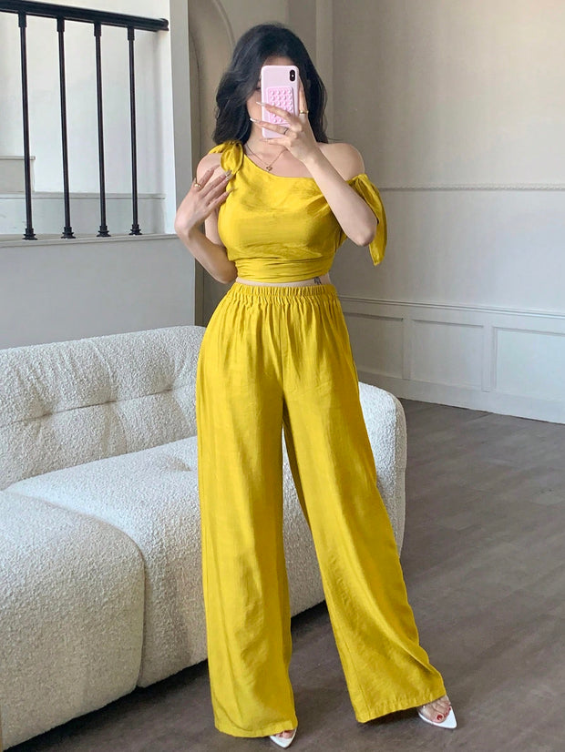 abyoxi Sexy Asymmetric Neck Oblique Shoulder Tie Strap Tighten Waist Simple Top & Wide Leg Pants Two Pieces Set