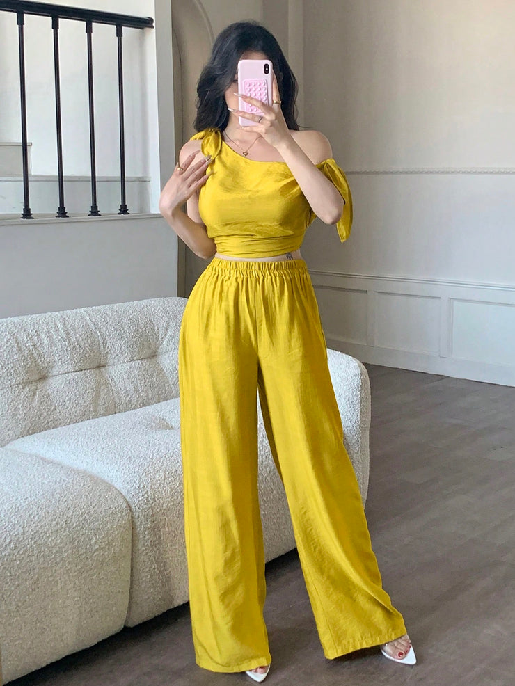 abyoxi Sexy Asymmetric Neck Oblique Shoulder Tie Strap Tighten Waist Simple Top & Wide Leg Pants Two Pieces Set