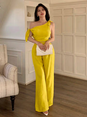 abyoxi Sexy Asymmetric Neck Oblique Shoulder Tie Strap Tighten Waist Simple Top & Wide Leg Pants Two Pieces Set