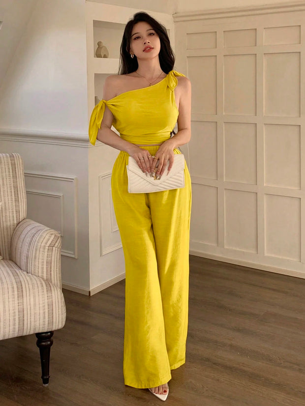 abyoxi Sexy Asymmetric Neck Oblique Shoulder Tie Strap Tighten Waist Simple Top & Wide Leg Pants Two Pieces Set