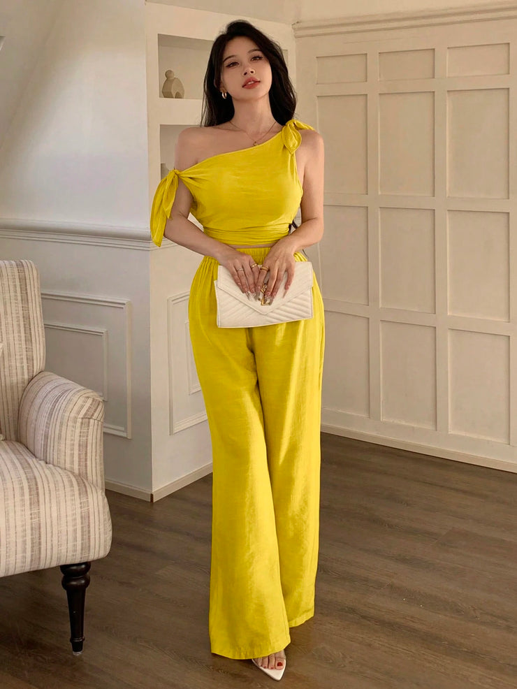 abyoxi Sexy Asymmetric Neck Oblique Shoulder Tie Strap Tighten Waist Simple Top & Wide Leg Pants Two Pieces Set