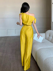 abyoxi Sexy Asymmetric Neck Oblique Shoulder Tie Strap Tighten Waist Simple Top & Wide Leg Pants Two Pieces Set