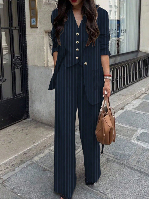 3pcs Women Spring/Summer Casual/Office Wear Striped Jacket, Vest And Pants Set