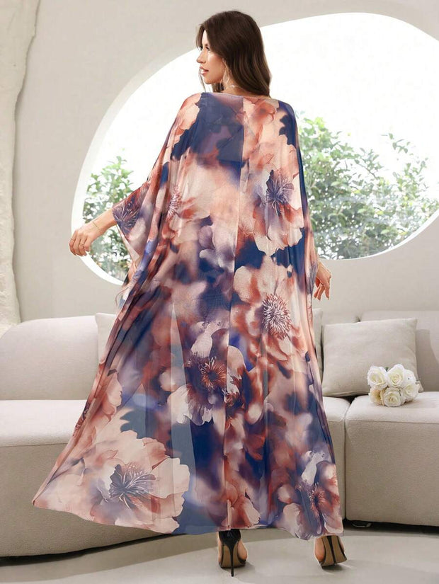 Modelyn Ladies' Random Printed Shawl Coat Dress Two-Piece Suit 2 Piece Set