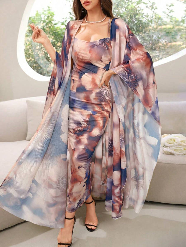 Modelyn Ladies' Random Printed Shawl Coat Dress Two-Piece Suit 2 Piece Set