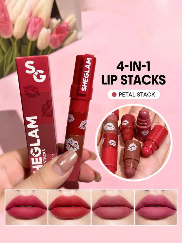 SHEGLAM Mega Lip Stacks 4 In 1 Creamy-Matte Brown Portable Travel Lipstick Kit