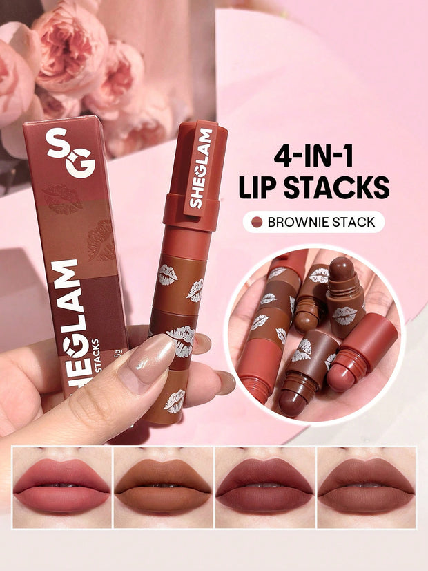 SHEGLAM Mega Lip Stacks 4 In 1 Creamy-Matte Brown Portable Travel Lipstick Kit