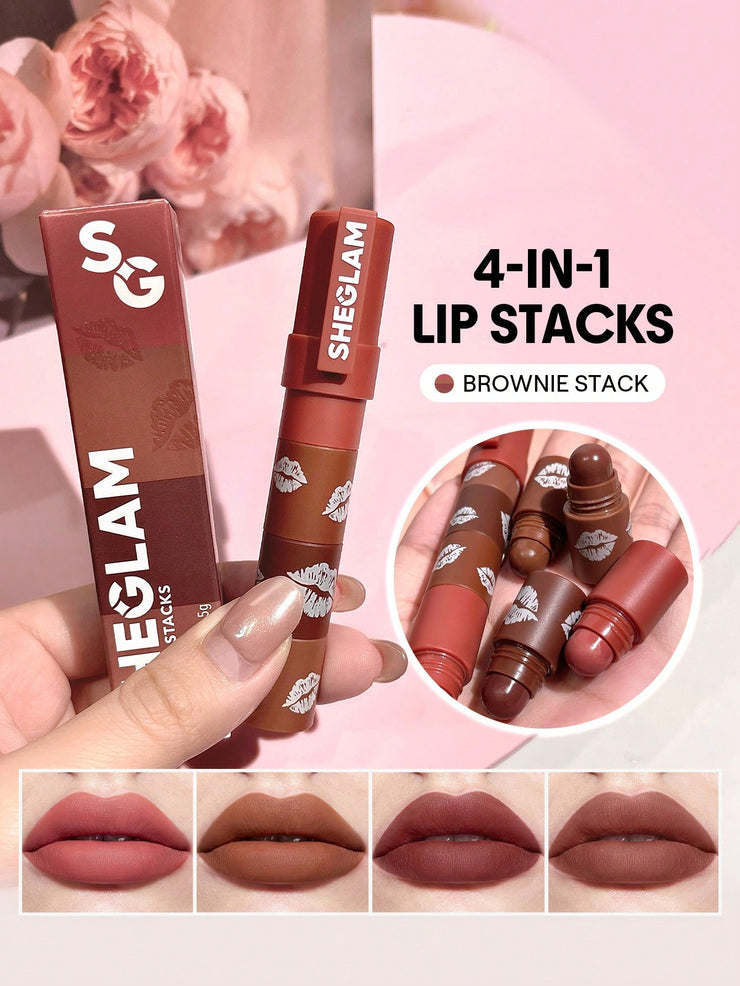 SHEGLAM Mega Lip Stacks 4 In 1 Creamy-Matte Brown Portable Travel Lipstick Kit