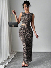 Rafferiza Women Elegant Leopard Print Sleeveless Tank And Mini Skirt 2 Pieces Set