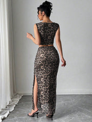 Rafferiza Women Elegant Leopard Print Sleeveless Tank And Mini Skirt 2 Pieces Set