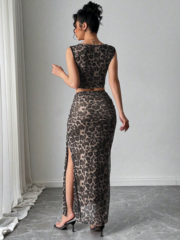 Rafferiza Women Elegant Leopard Print Sleeveless Tank And Mini Skirt 2 Pieces Set