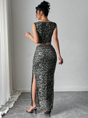 Rafferiza Women Elegant Leopard Print Sleeveless Tank And Mini Skirt 2 Pieces Set