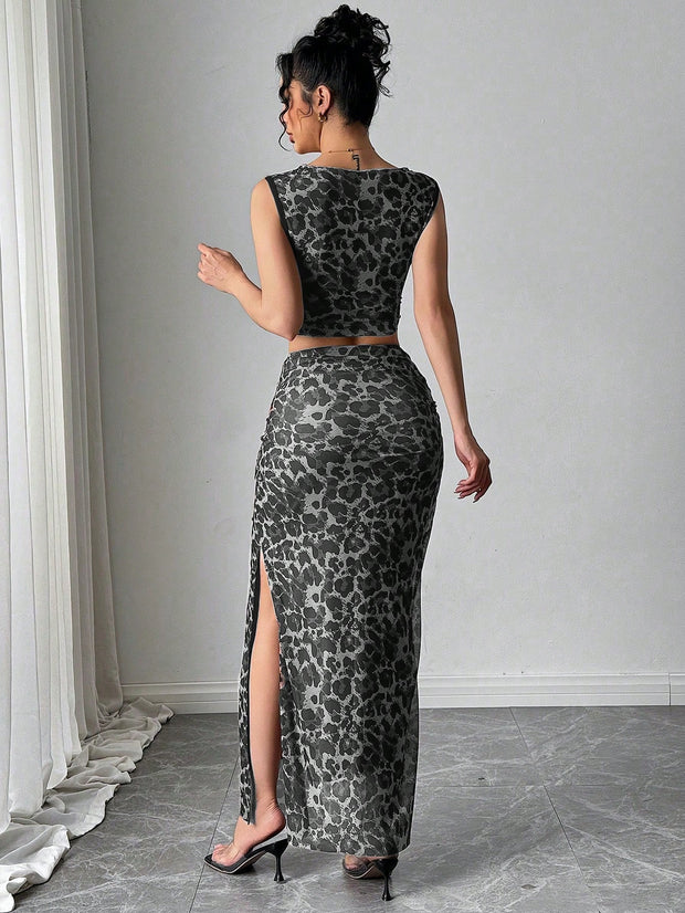 Rafferiza Women Elegant Leopard Print Sleeveless Tank And Mini Skirt 2 Pieces Set