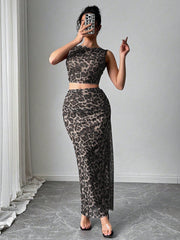 Rafferiza Women Elegant Leopard Print Sleeveless Tank And Mini Skirt 2 Pieces Set