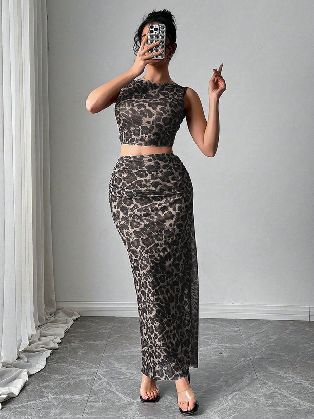 Rafferiza Women Elegant Leopard Print Sleeveless Tank And Mini Skirt 2 Pieces Set