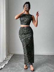 Rafferiza Women Elegant Leopard Print Sleeveless Tank And Mini Skirt 2 Pieces Set