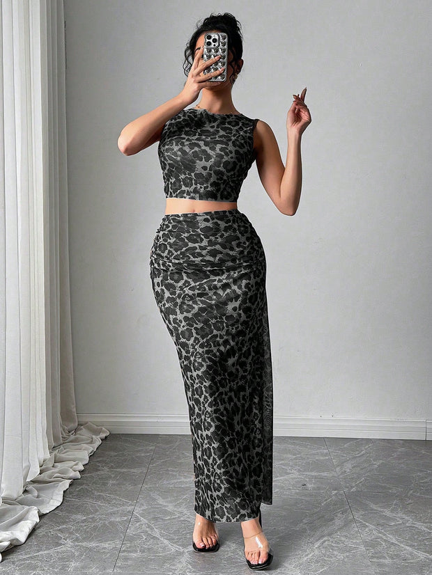 Rafferiza Women Elegant Leopard Print Sleeveless Tank And Mini Skirt 2 Pieces Set