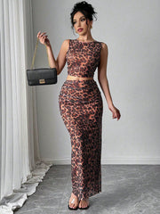 Rafferiza Women Elegant Leopard Print Sleeveless Tank And Mini Skirt 2 Pieces Set