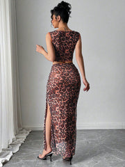 Rafferiza Women Elegant Leopard Print Sleeveless Tank And Mini Skirt 2 Pieces Set