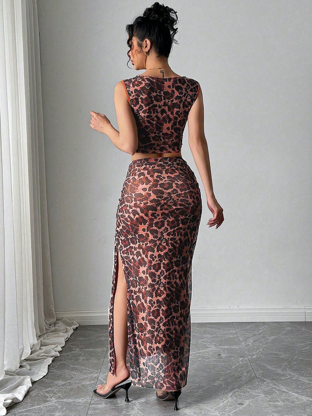 Rafferiza Women Elegant Leopard Print Sleeveless Tank And Mini Skirt 2 Pieces Set